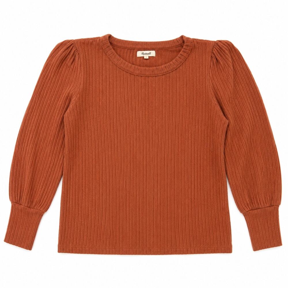 Madewell puff long sleeve pumpkin orange/terracotta  ribbed knit top Women M